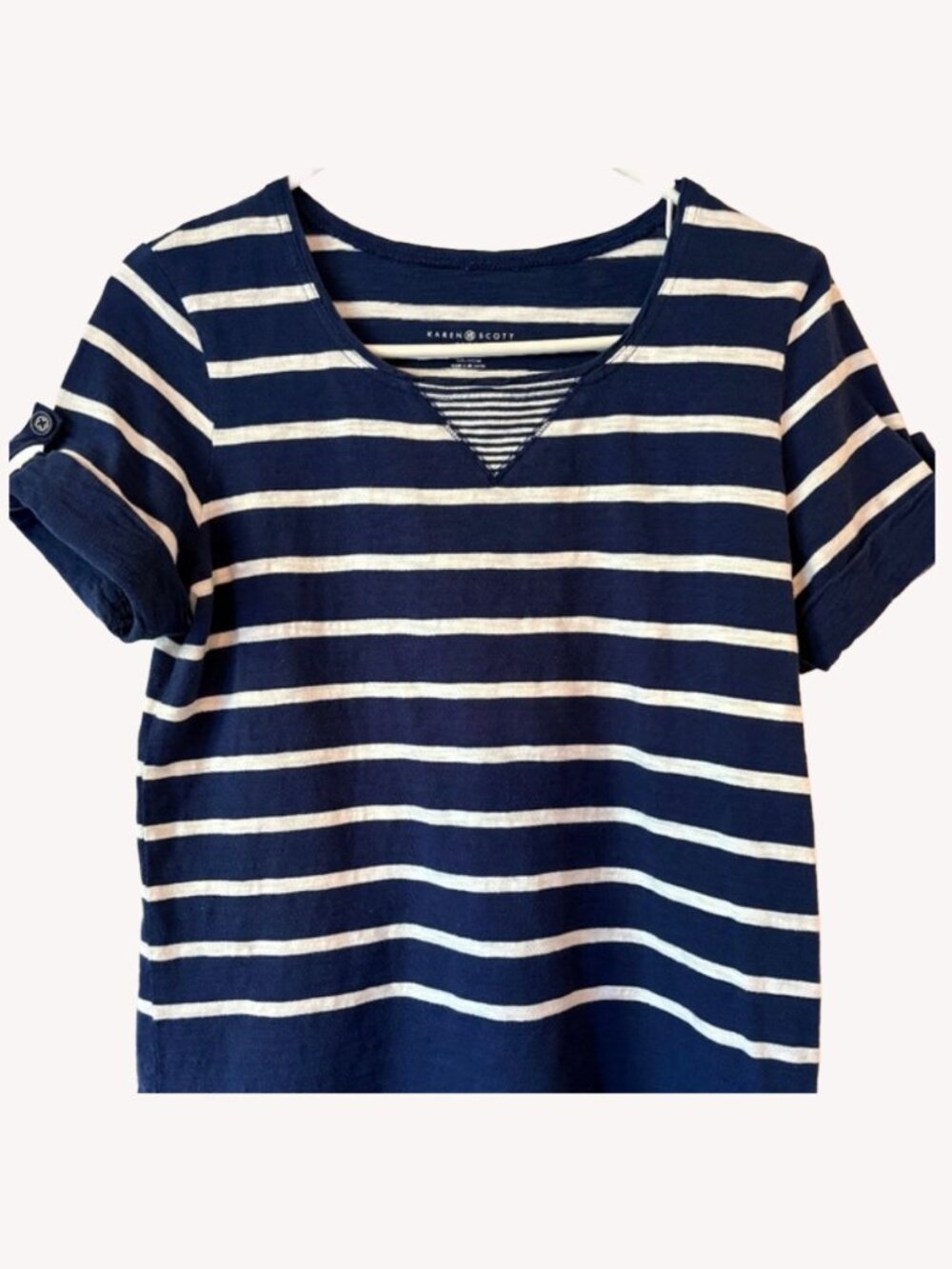 Karen Scott Sport Cotton Top Blue and White Striped Size M Excellent Condition